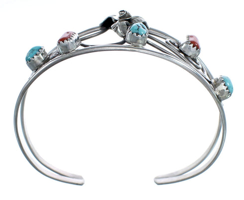 Sterling Silver Turquoise Coral Flower Leaf Navajo Cuff Bracelet JX121739